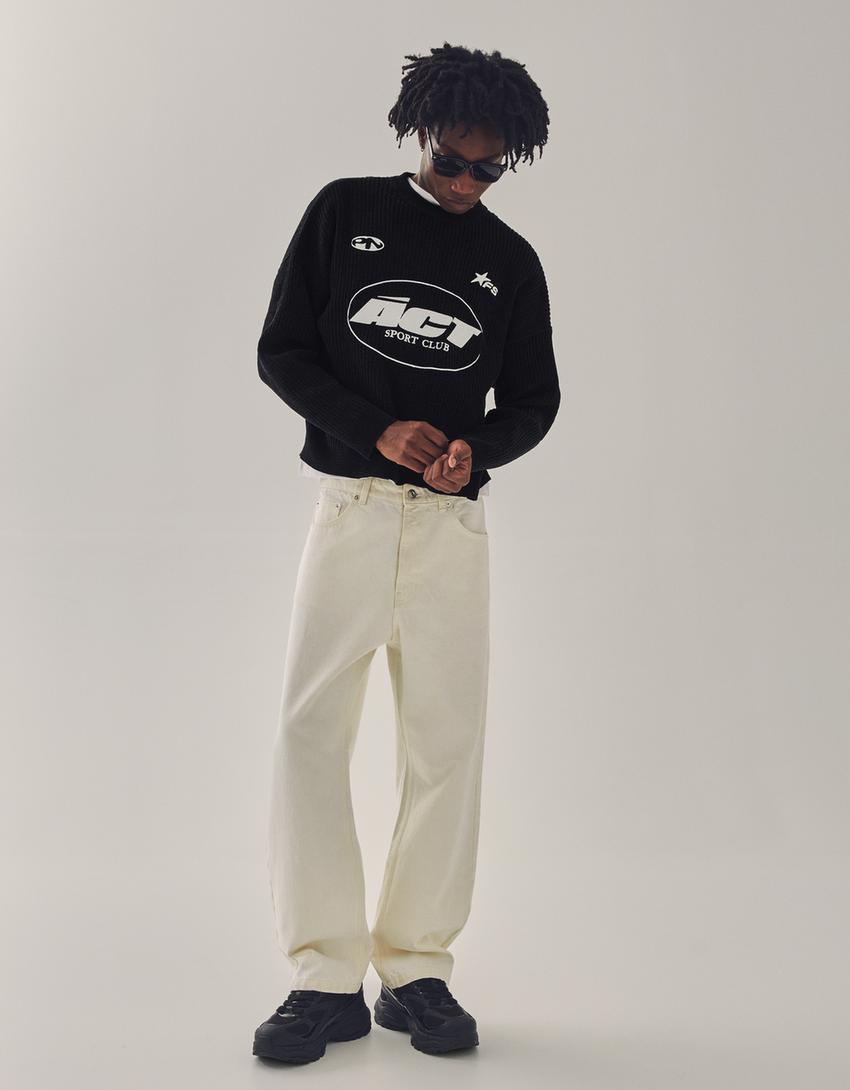 Pull col rond en chenille imprimé-Noir