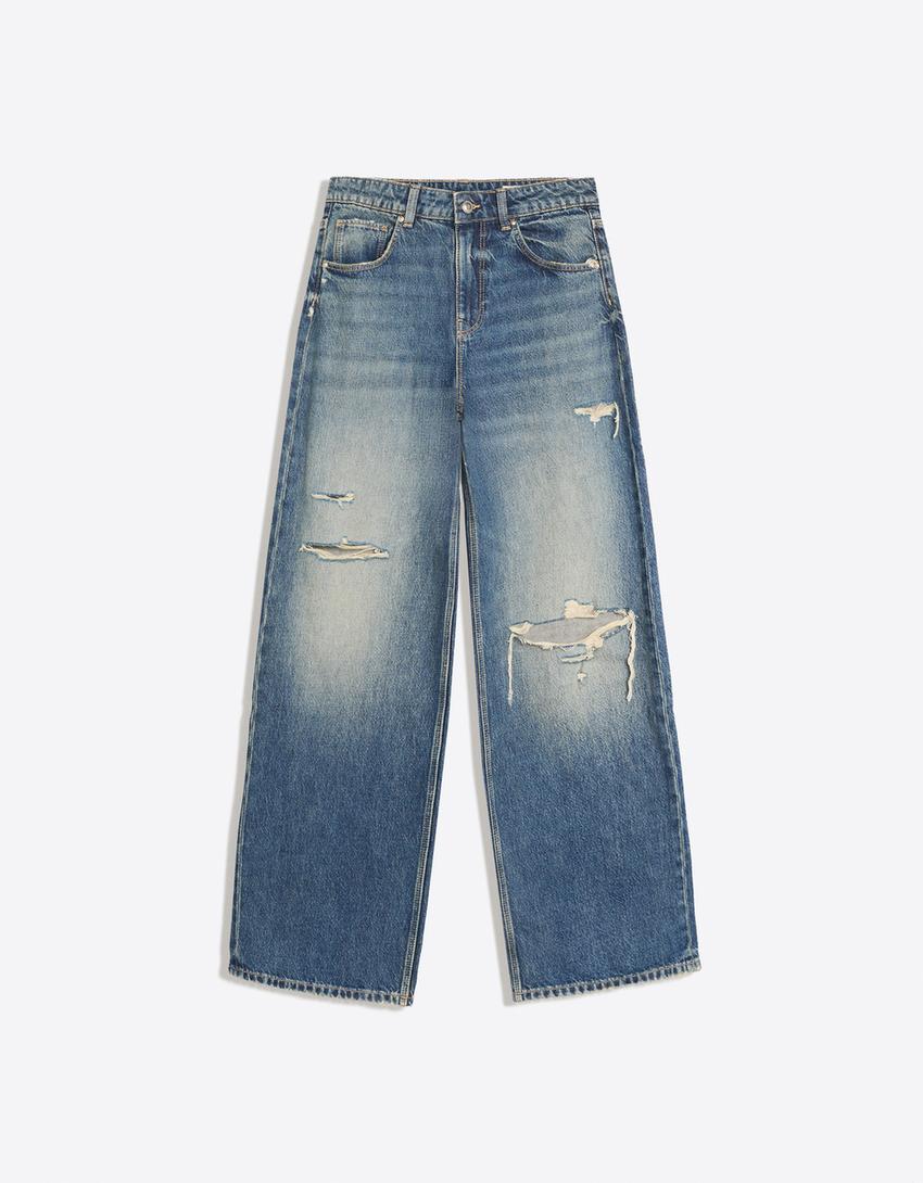 High-waist wide-leg vintage wash jeans-Light blue