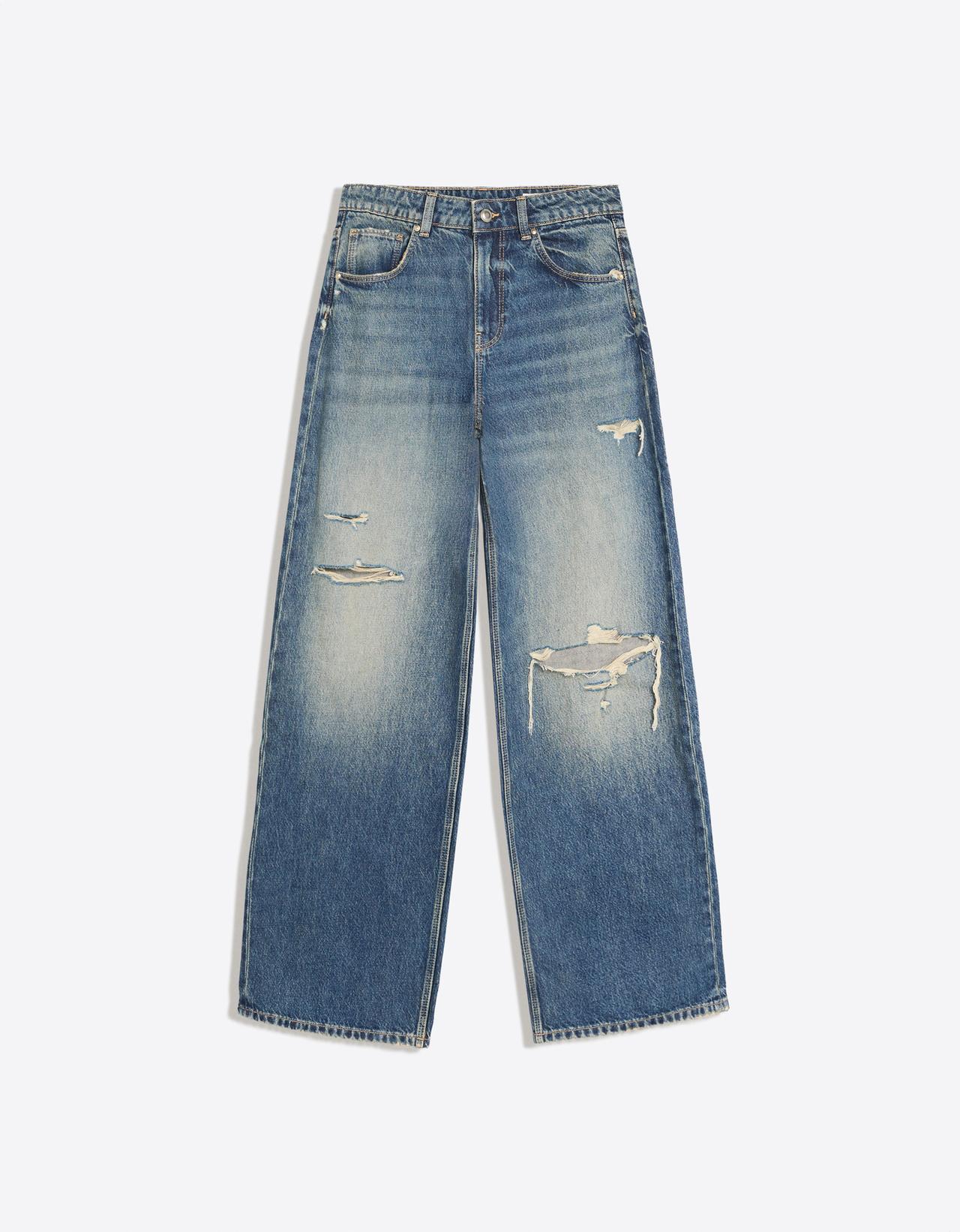 Ripped high-waist wide-leg jeans — Light blue