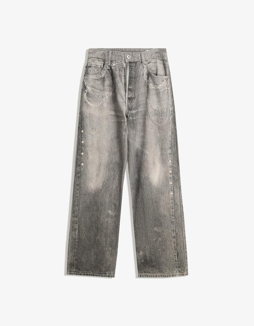 Baskılı baggy fit jean-Siyah-0