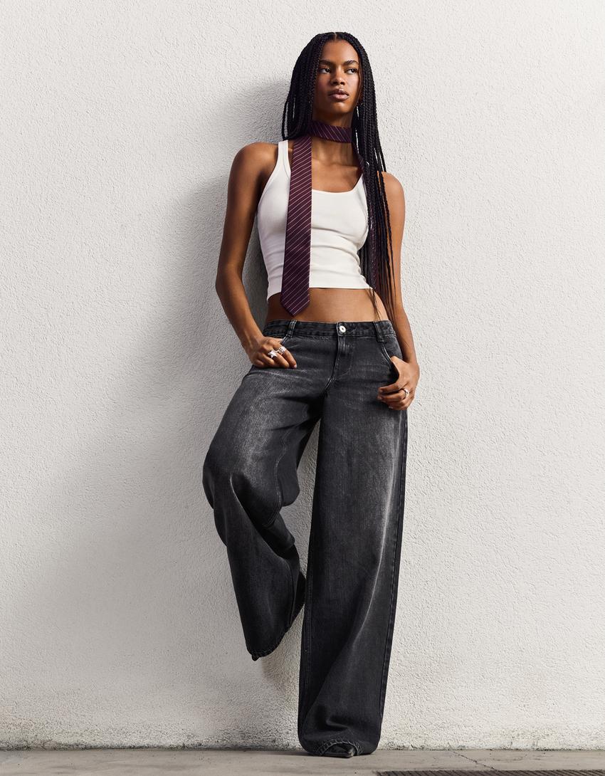Texans cama ampla low waist-Negre