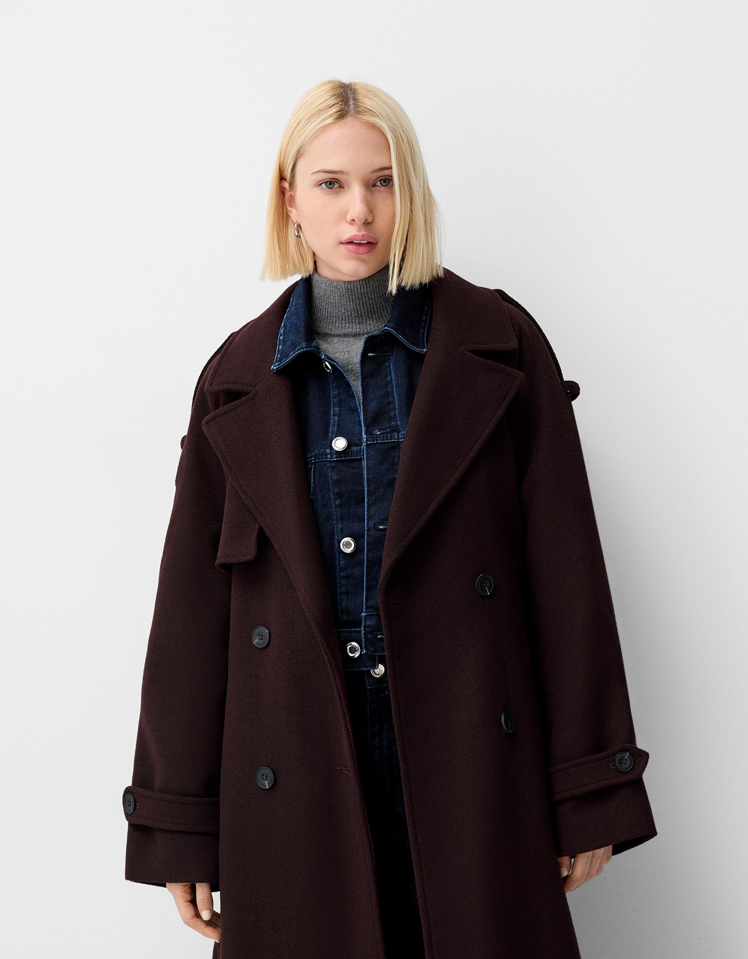 Bershka Oversize-Trenchcoat-Mantel Mit Wolle Damen M Bordeaux