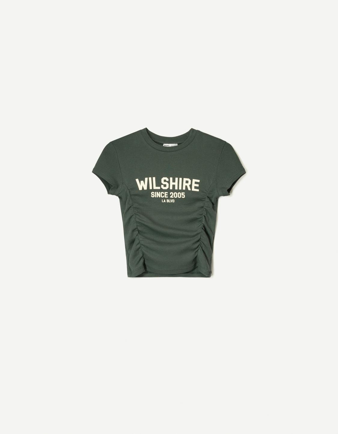 Printed short sleeve T-shirt with gathering