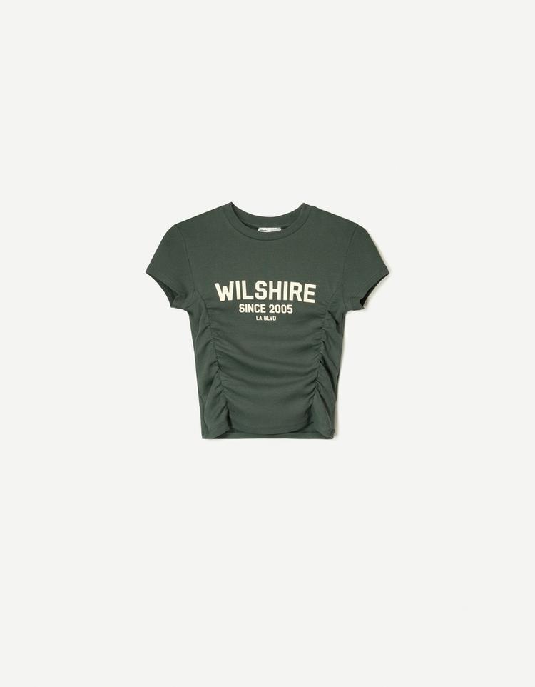 Printed short sleeve T-shirt with gathering