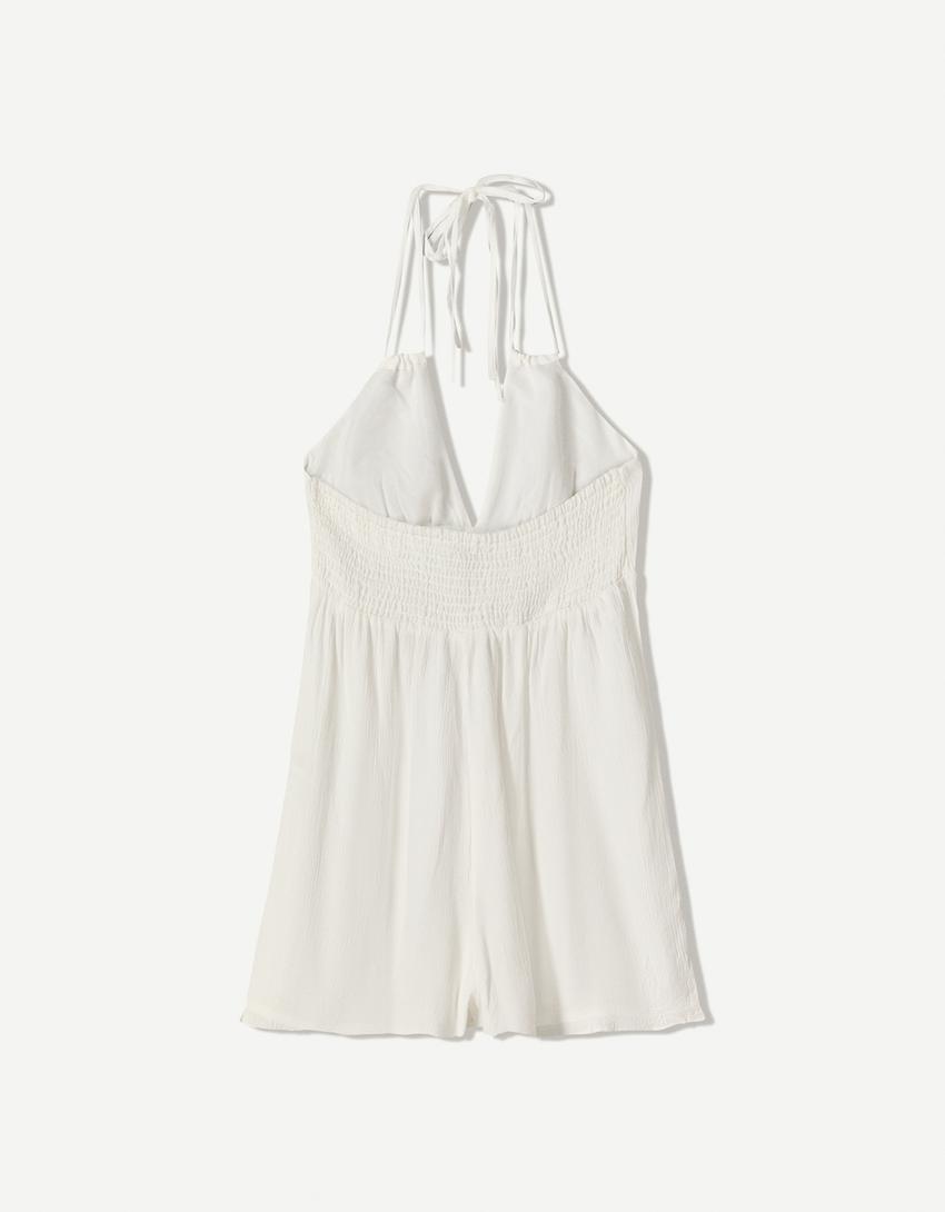 Halter yaka bağcıklı kısa tulum-Kirli beyaz-4