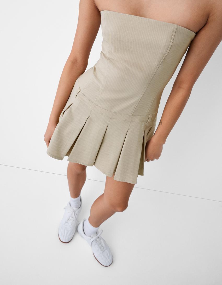 Short dress with box pleats-Sand-5