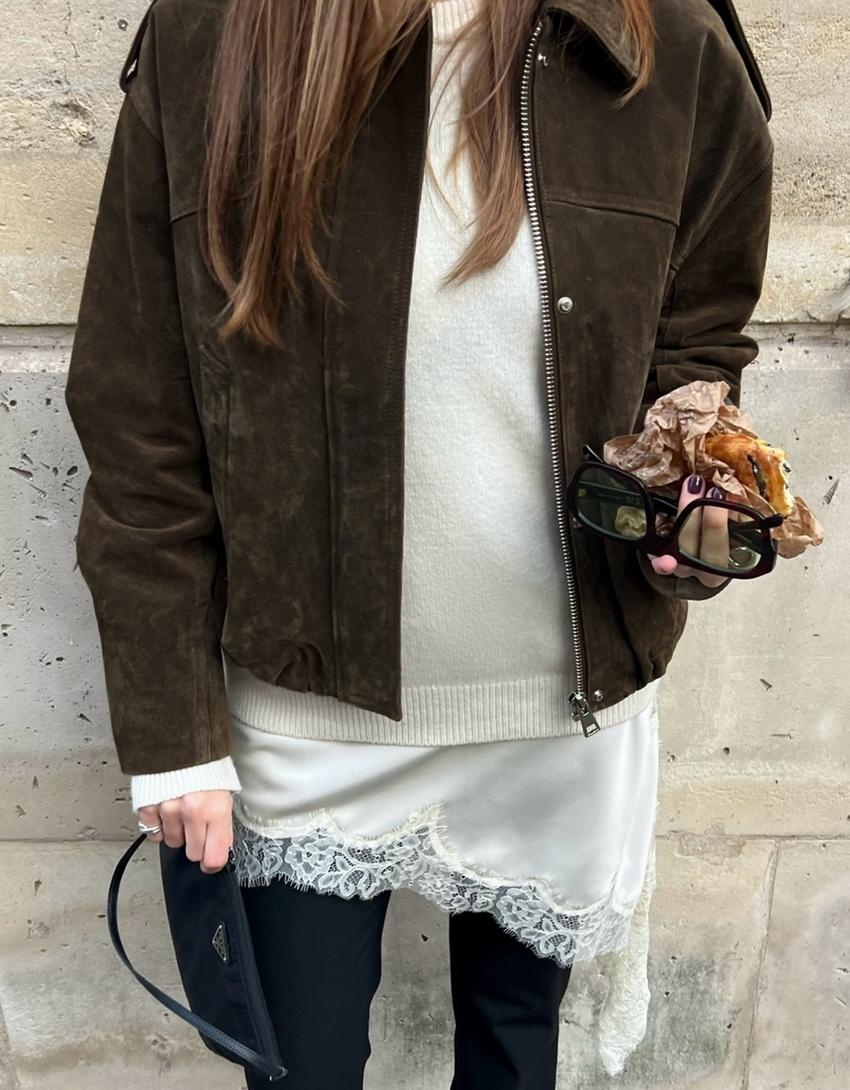 Leather and suede jacket-Khaki