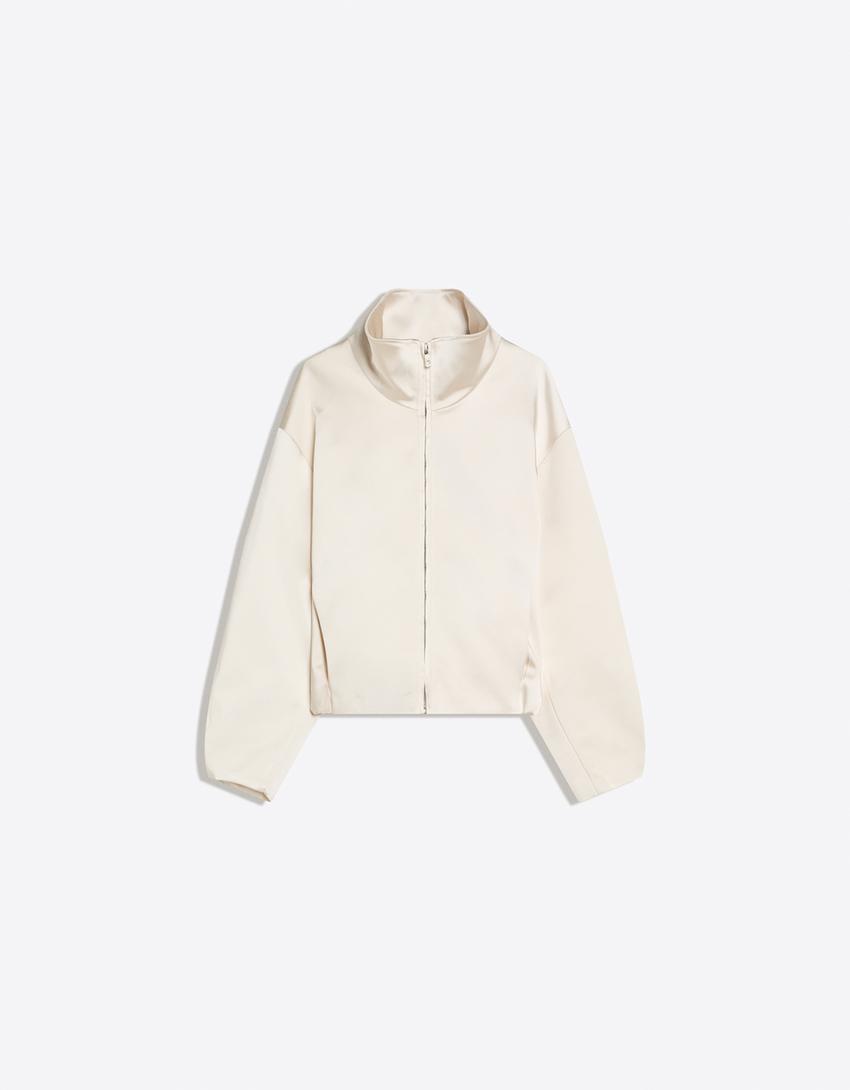 Satin high neck jacket-Cream