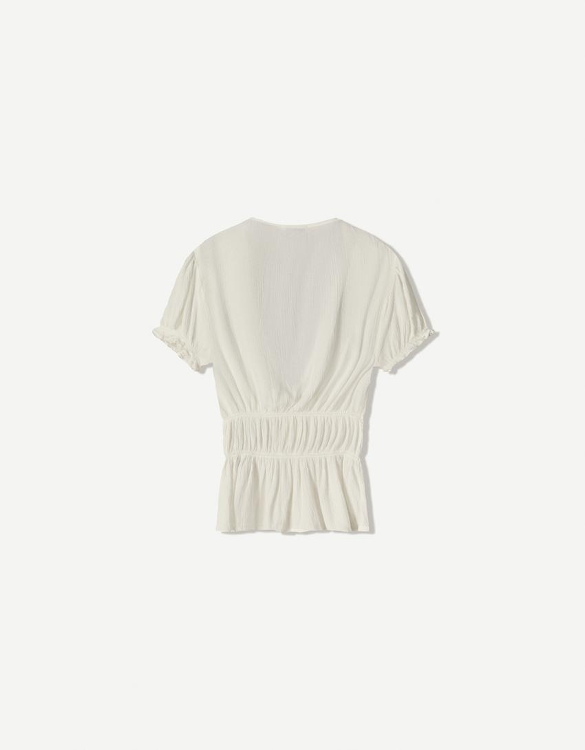 Chemise manches courtes froncée nœud-Écru-5