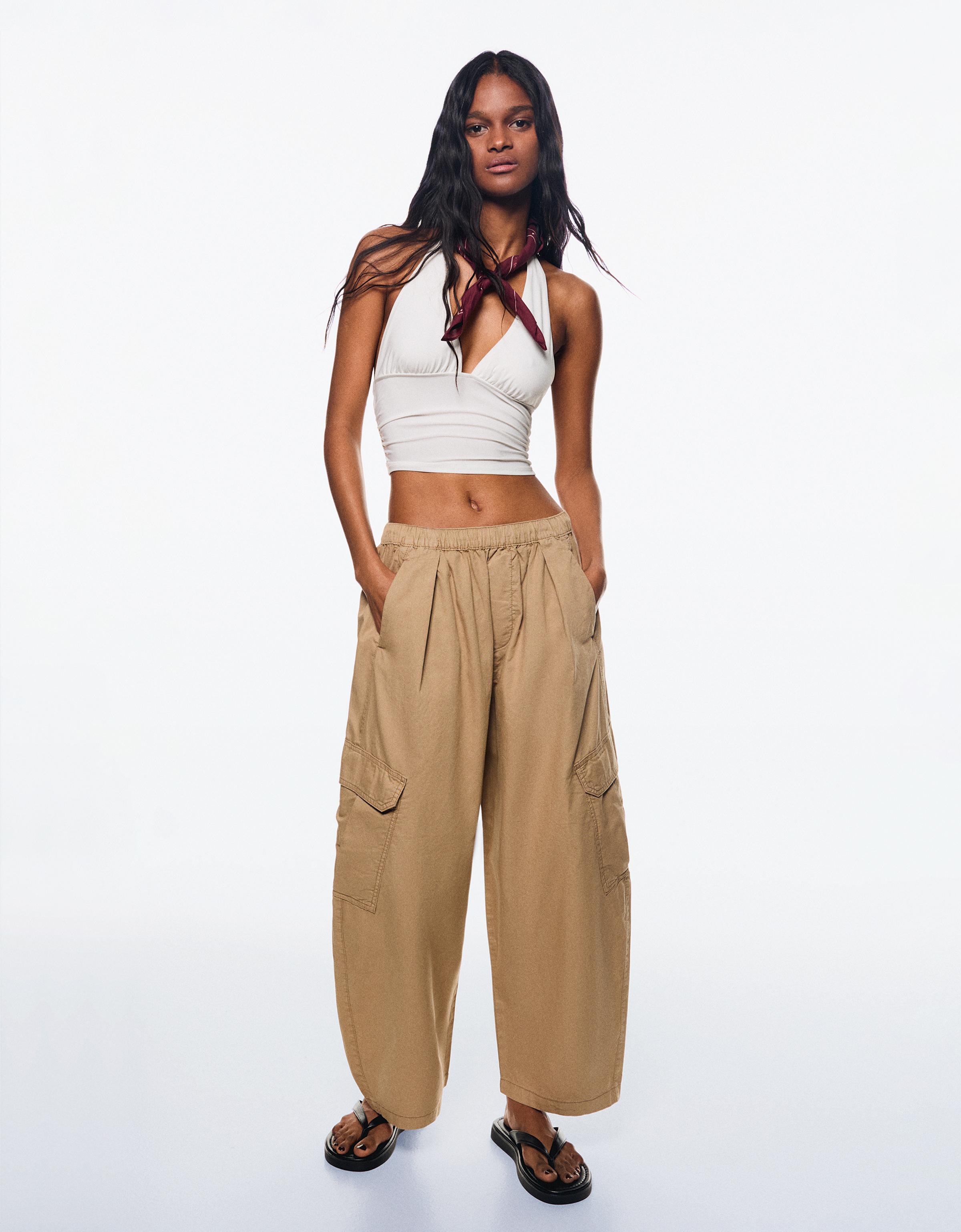 Bershka Cargo Barrel Baumwollhose Damen Xl Sandfarbe