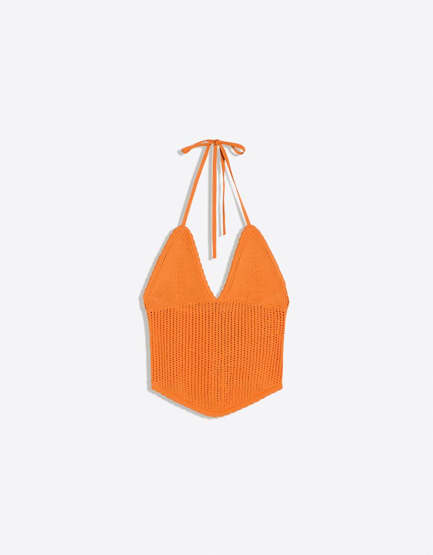 Open knit halter top-Orange