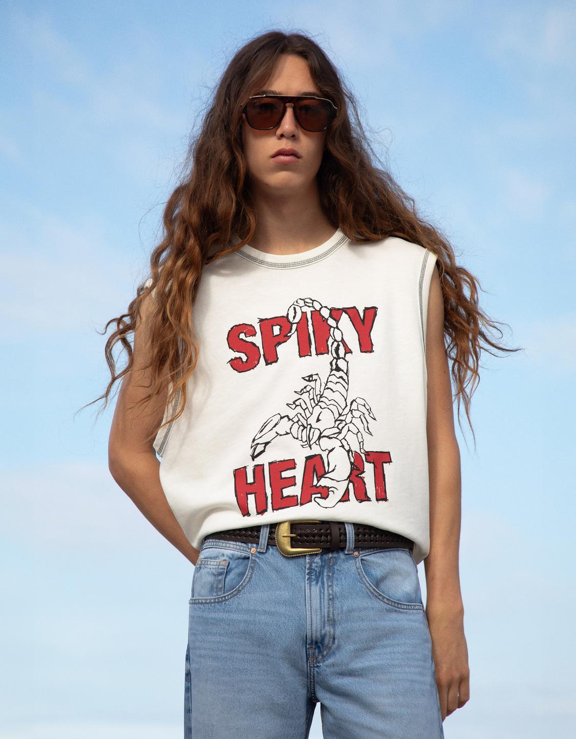Slub effect print sleeveless T-shirt