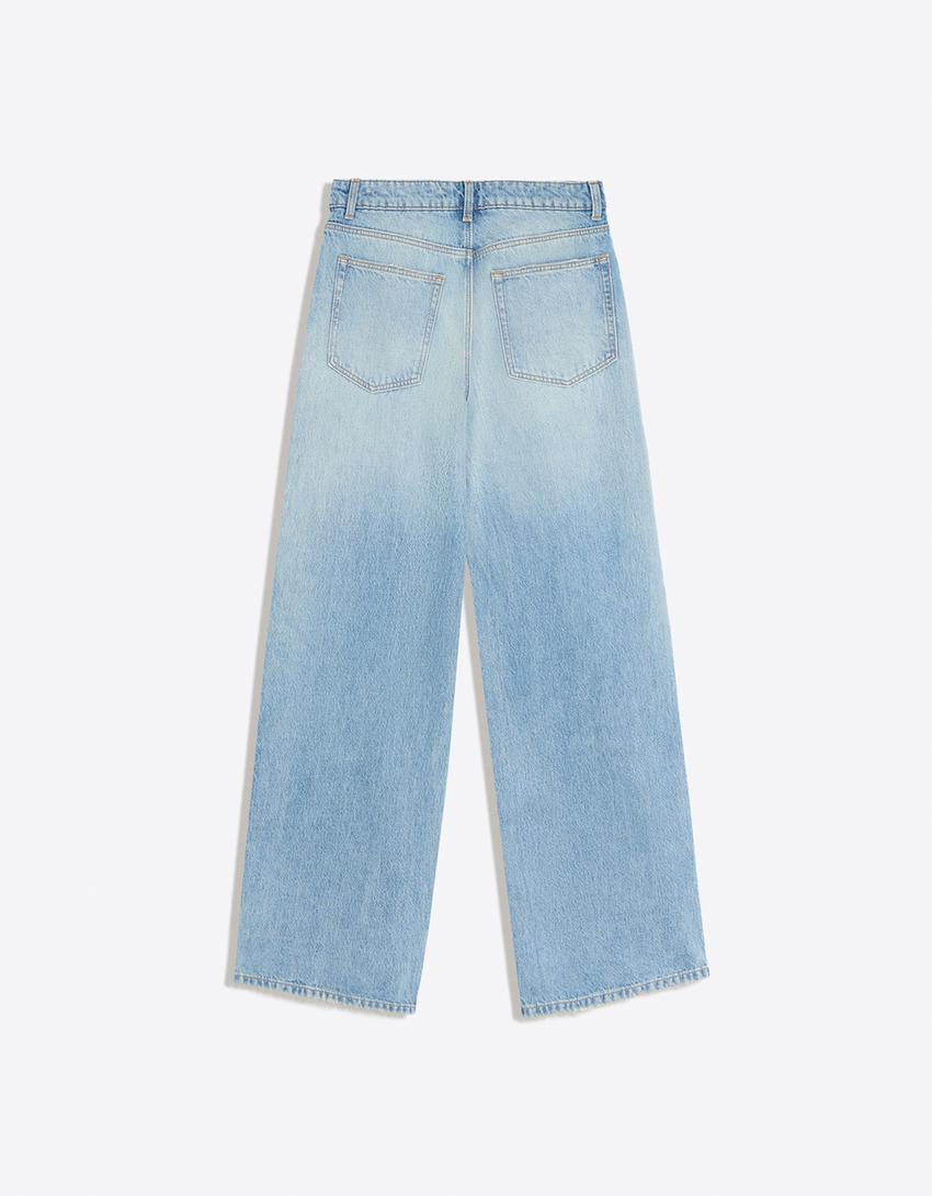 Vintage yıkamalı yüksek bel wide leg jean-Açık mavi