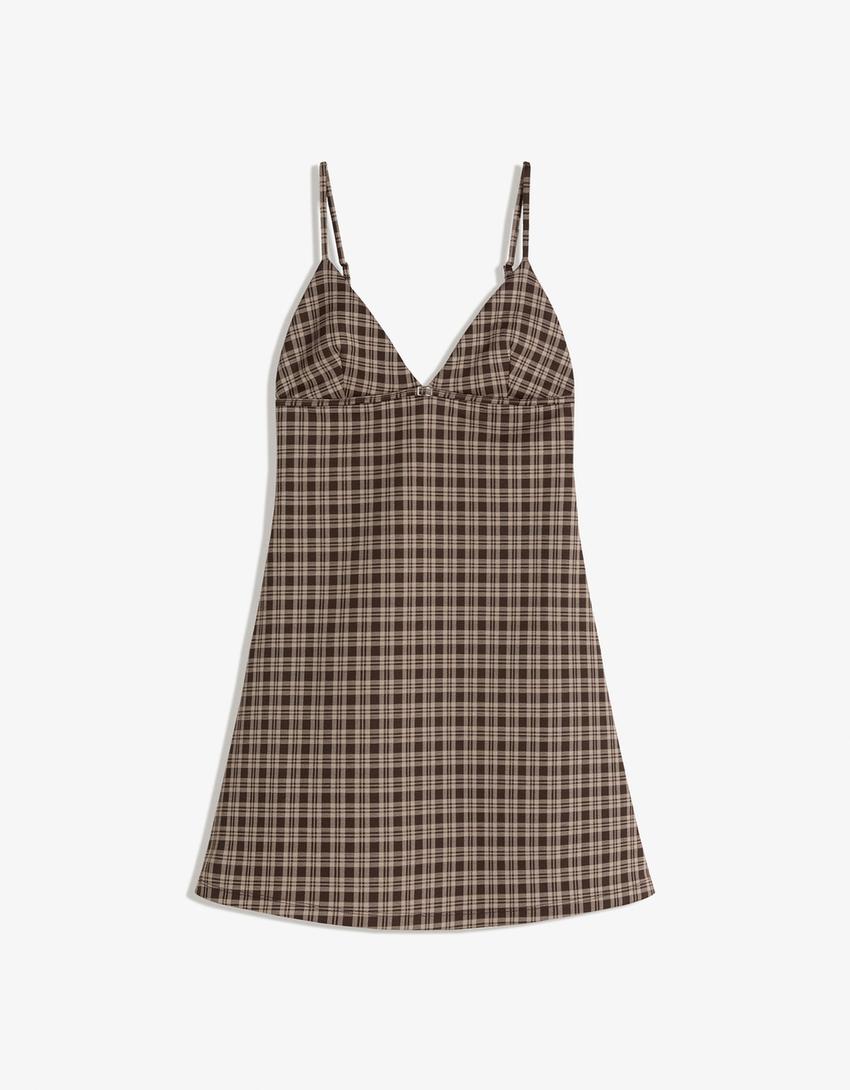 Robe courte à carreaux-Marron