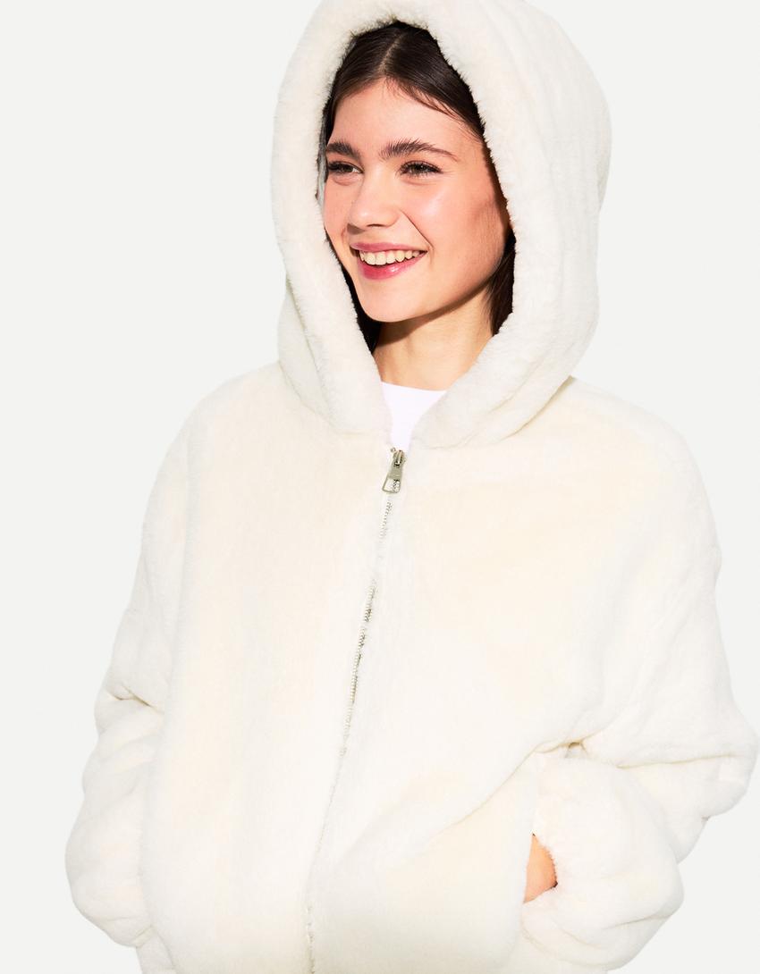 Cazadora capucha efecto pelo-Blanco roto