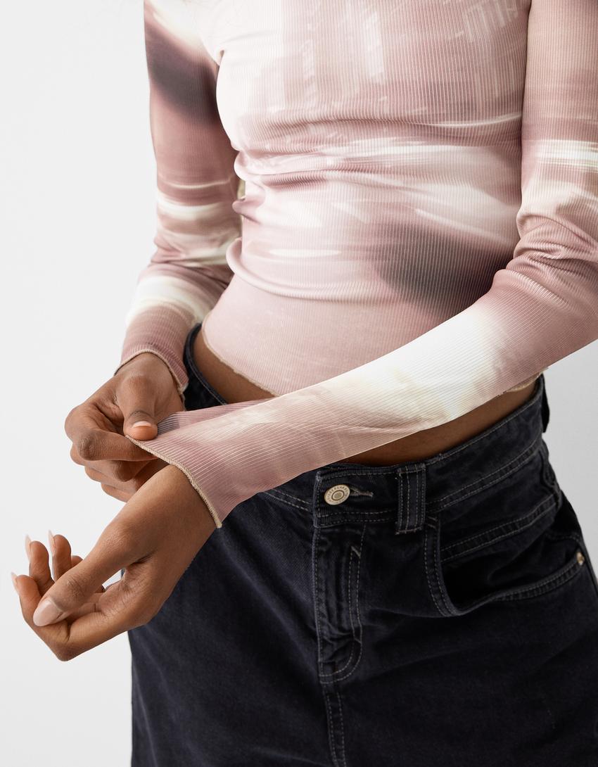 Top manches longues bord-côte imprimé-Écru-5