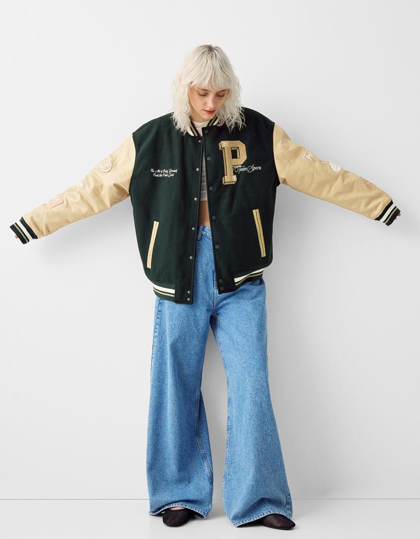 جاكيت جامعي لباد بملمس بارز وأكمام جلد صناعي-أخضر-3