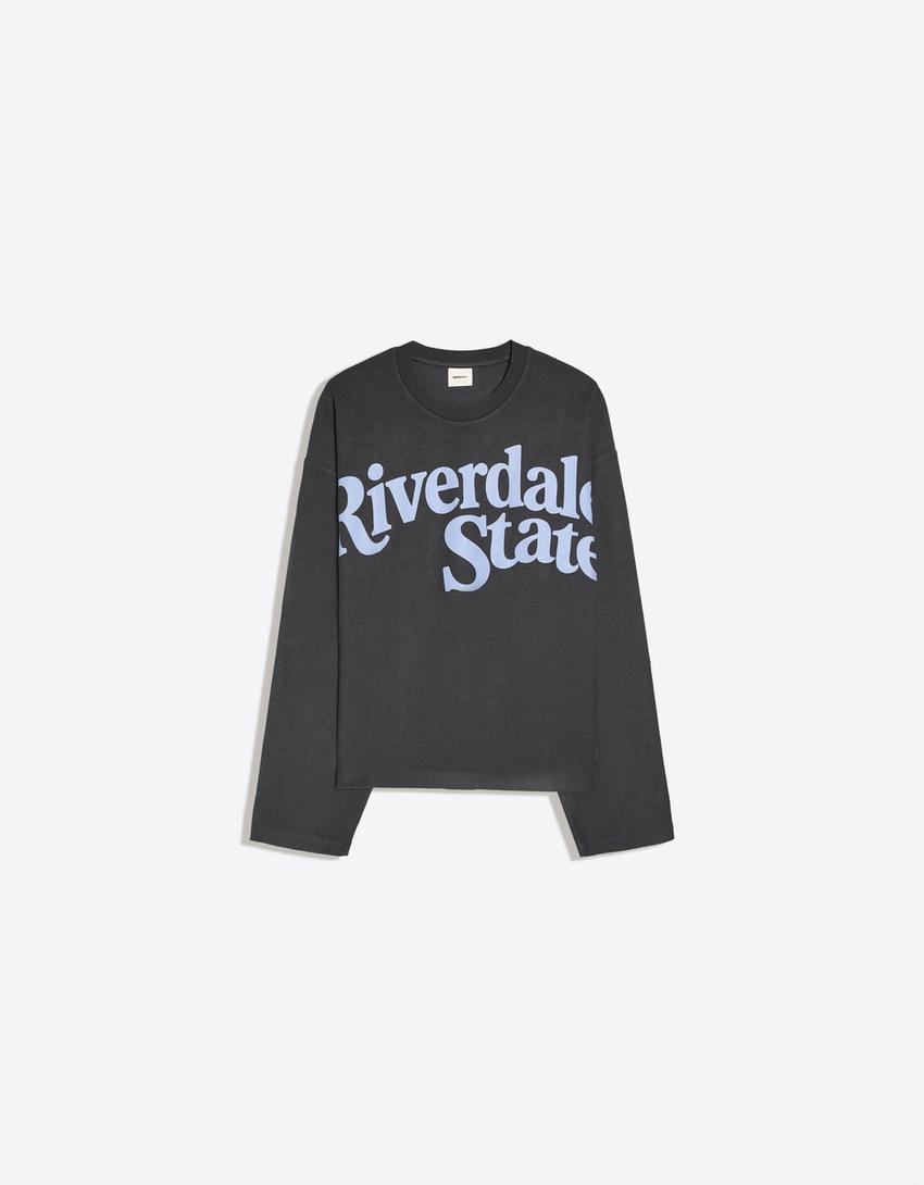 Printed plush round neck sweatshirt-Navy