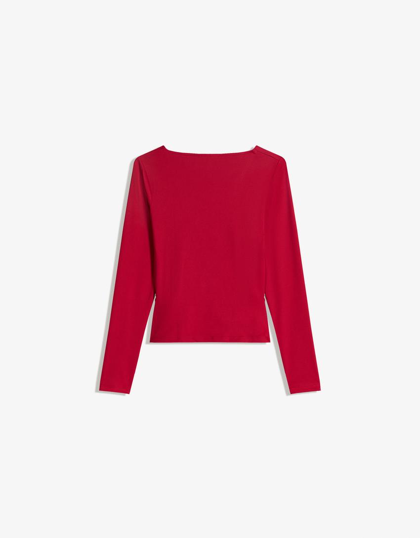 T-shirt met plooi en lange mouw-Rood