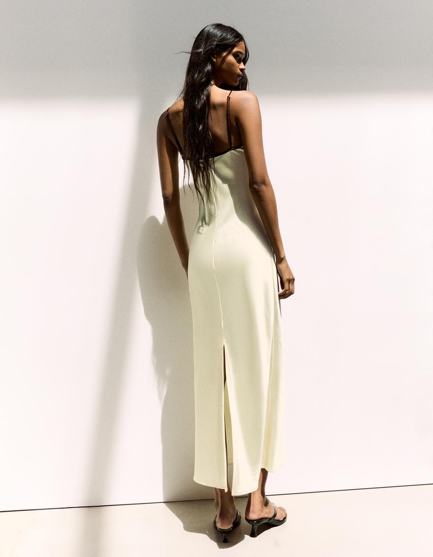 Robe midi satin bretelles-Jaune