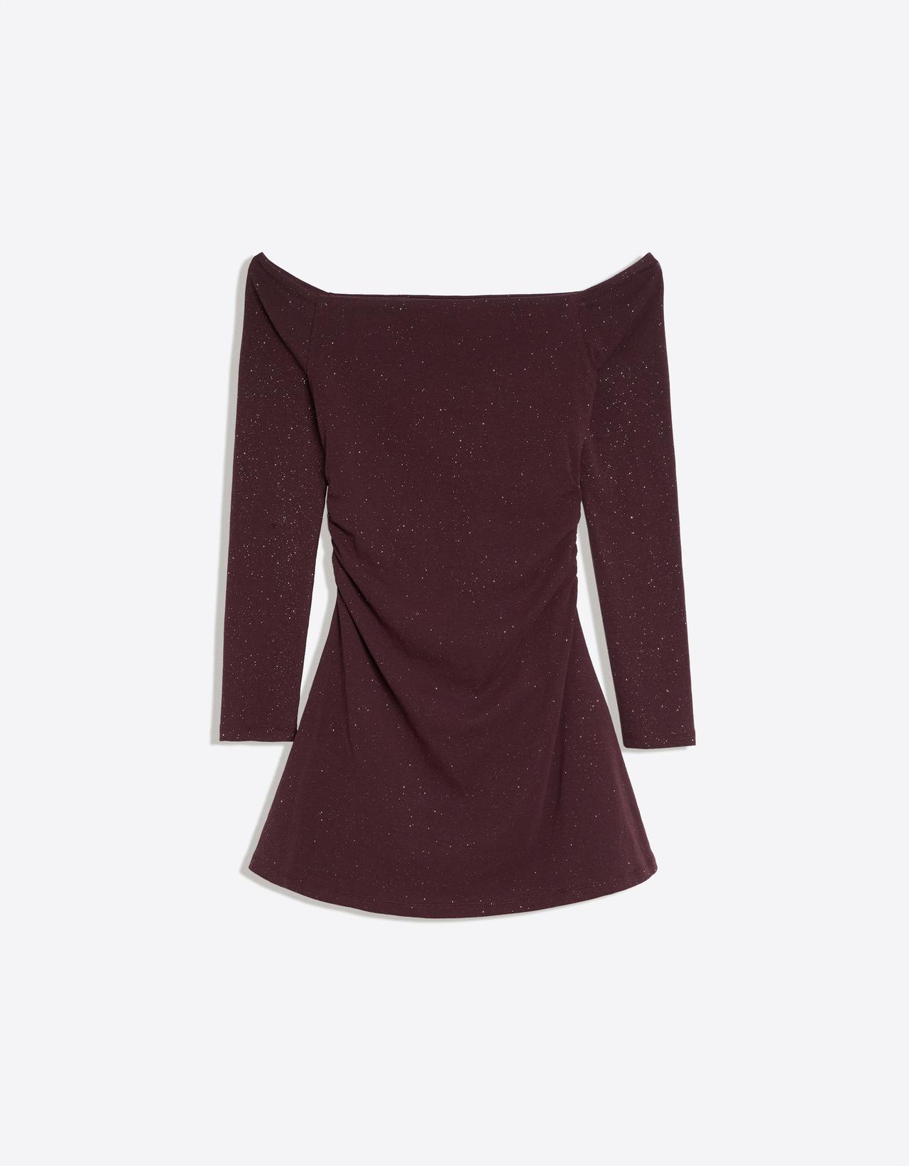 Shimmery Bardot-neck mini dress — Burgundy