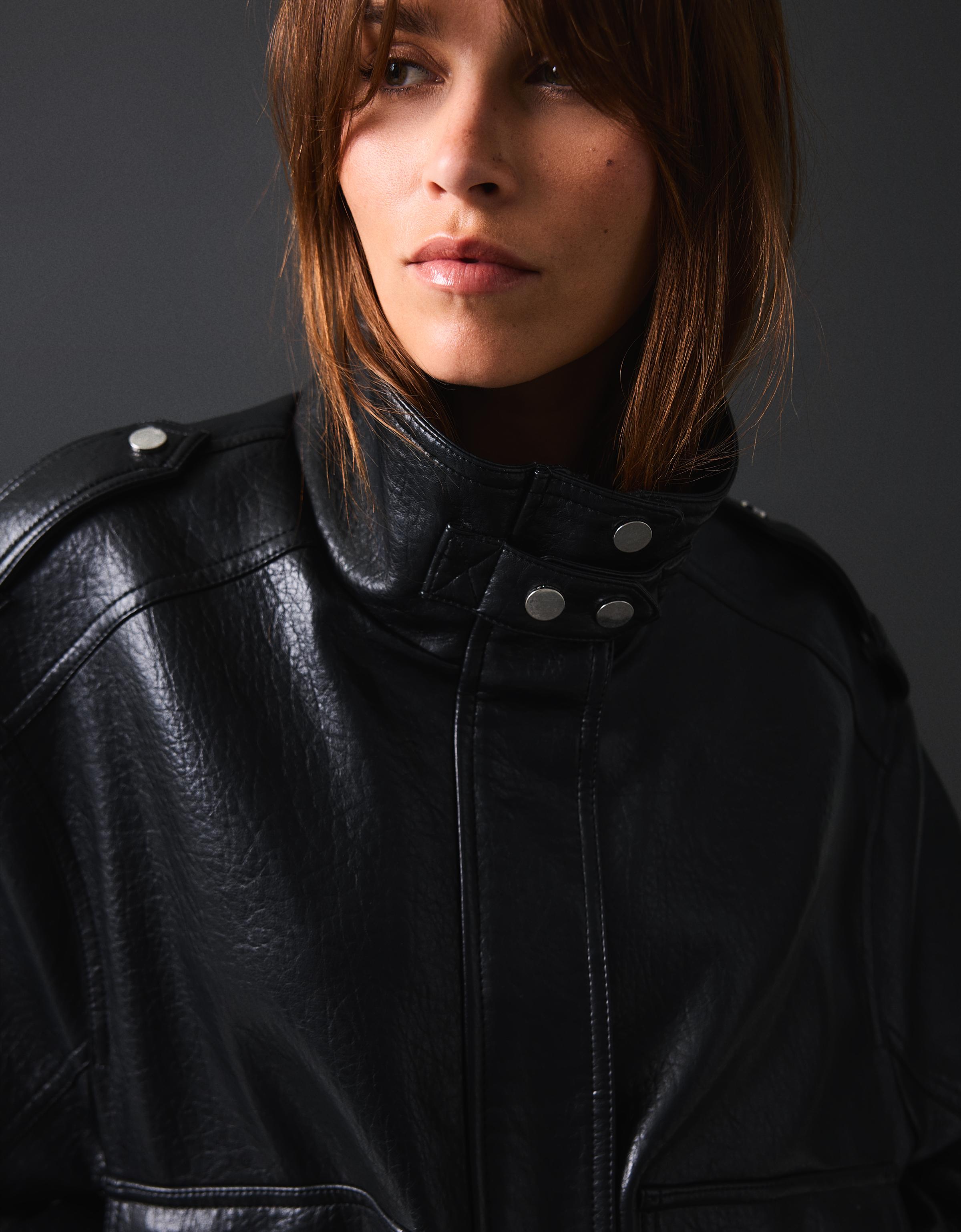Leather effect funnel neck jacket — Black