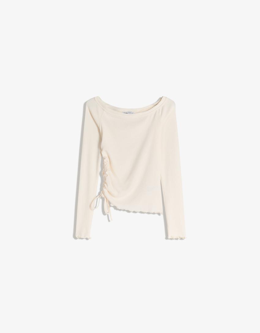 Asymmetric long sleeve ruched T-shirt-Cream