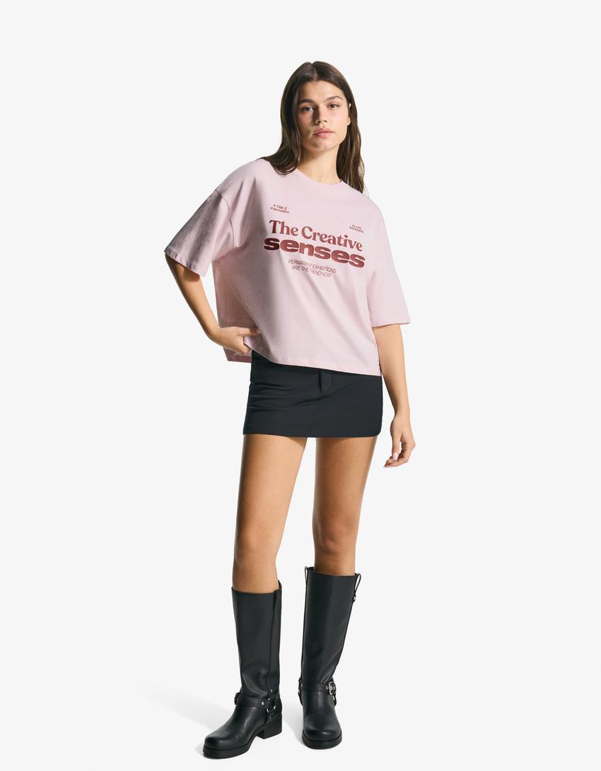 T-shirt Boxy fit à manches courtes imprimé-Rose