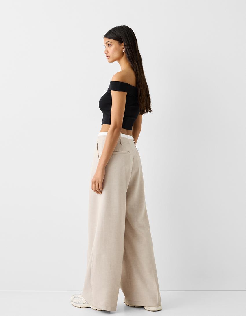 Wide-leg tailored fit trousers with contrast waist detail-Camel