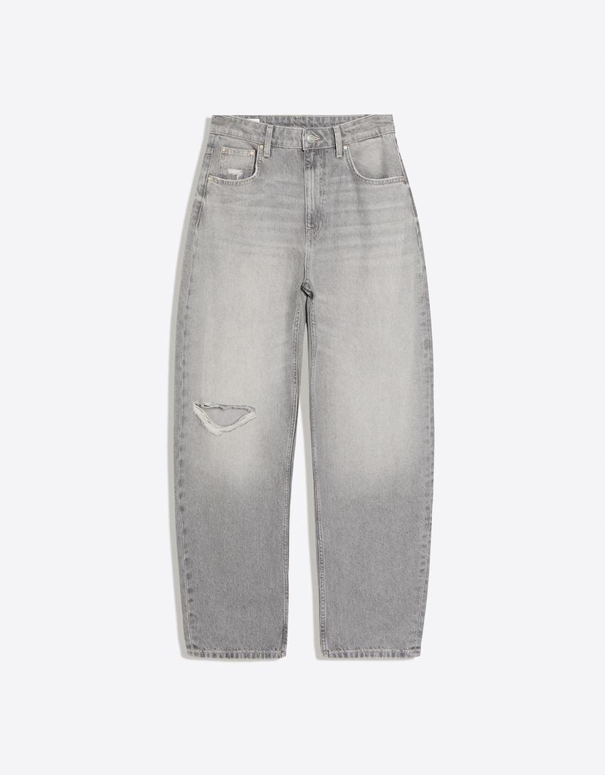 Jeans barrel loose fit strappati-Grigio