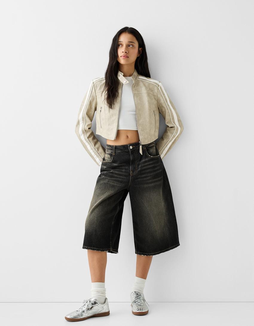 Faux leather jacket with side stripes-Sand