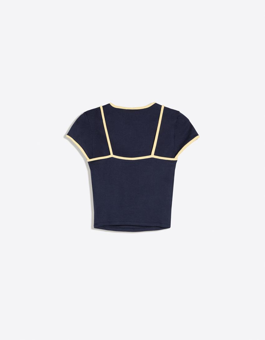 Double short sleeve contrast print T-shirt-Navy