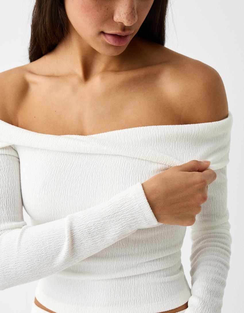 تيشرت مكشوفة الأكتاف بغرزة وافل وأكمام طويلة-أبيض مطفي-5