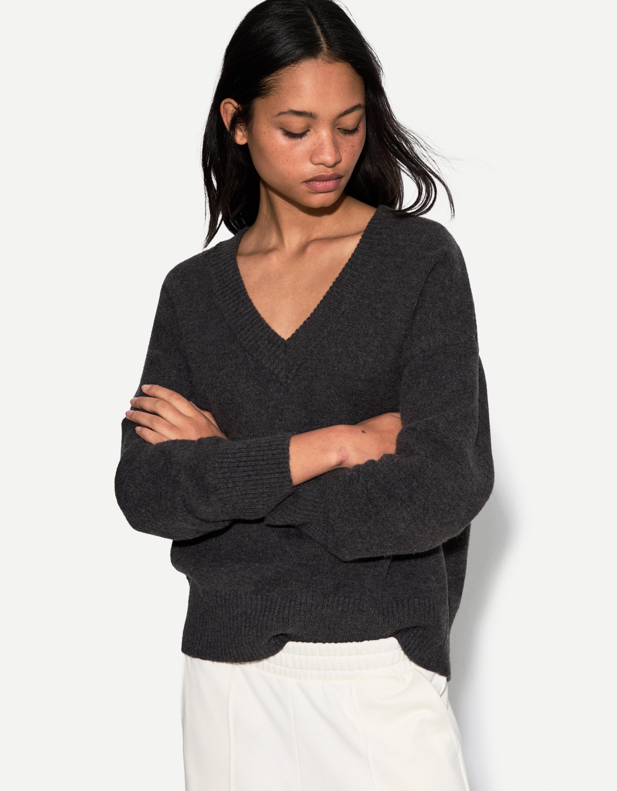 Bershka Oversize-Pullover Mit V-Ausschnitt Damen M Grau