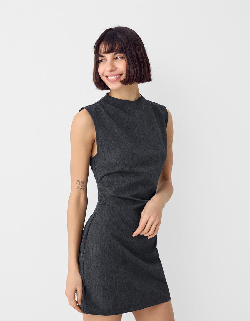 Sleeveless bengaline mini dress-Dark grey-1
