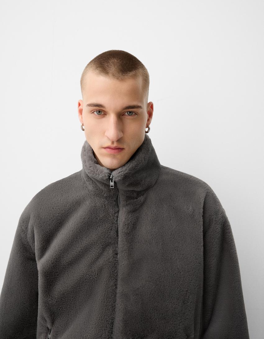 Faux fur zip-up high neck jacket-Dark grey-2