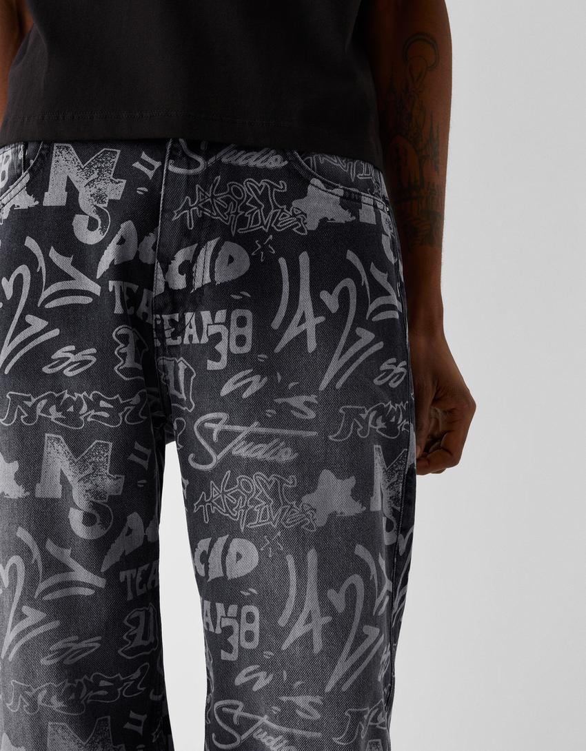 Щамповани дънки с разпусната кройка-Черно-5