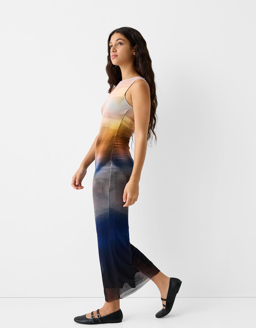 فستان تول مطبوع متوسط الطول بدون أكمام-أزرق-3