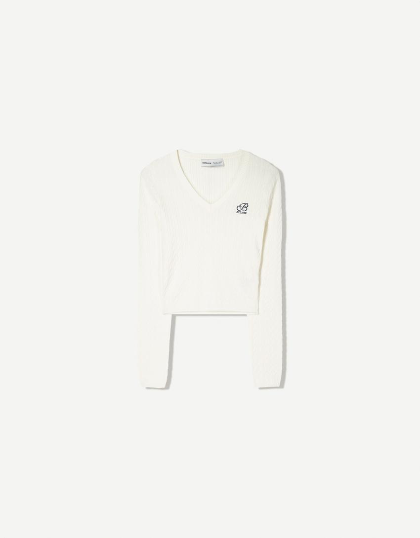 Pull tressé brodé-Écru