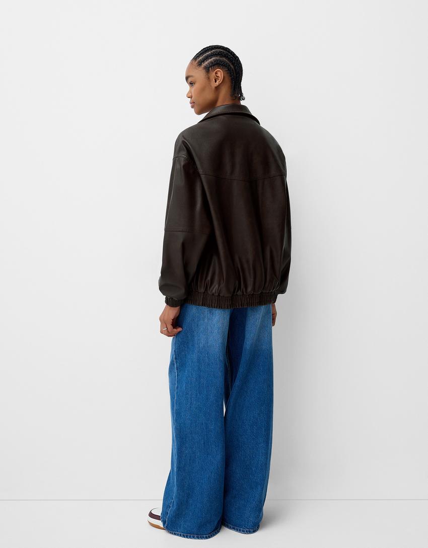 Giubbotto oversize in finta pelle-Marrone-1
