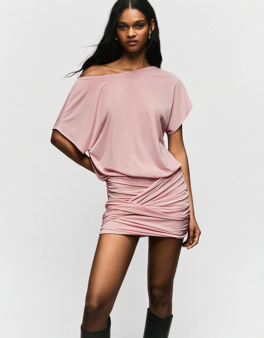 Vestido costas abertas saia drapeada-Rosa