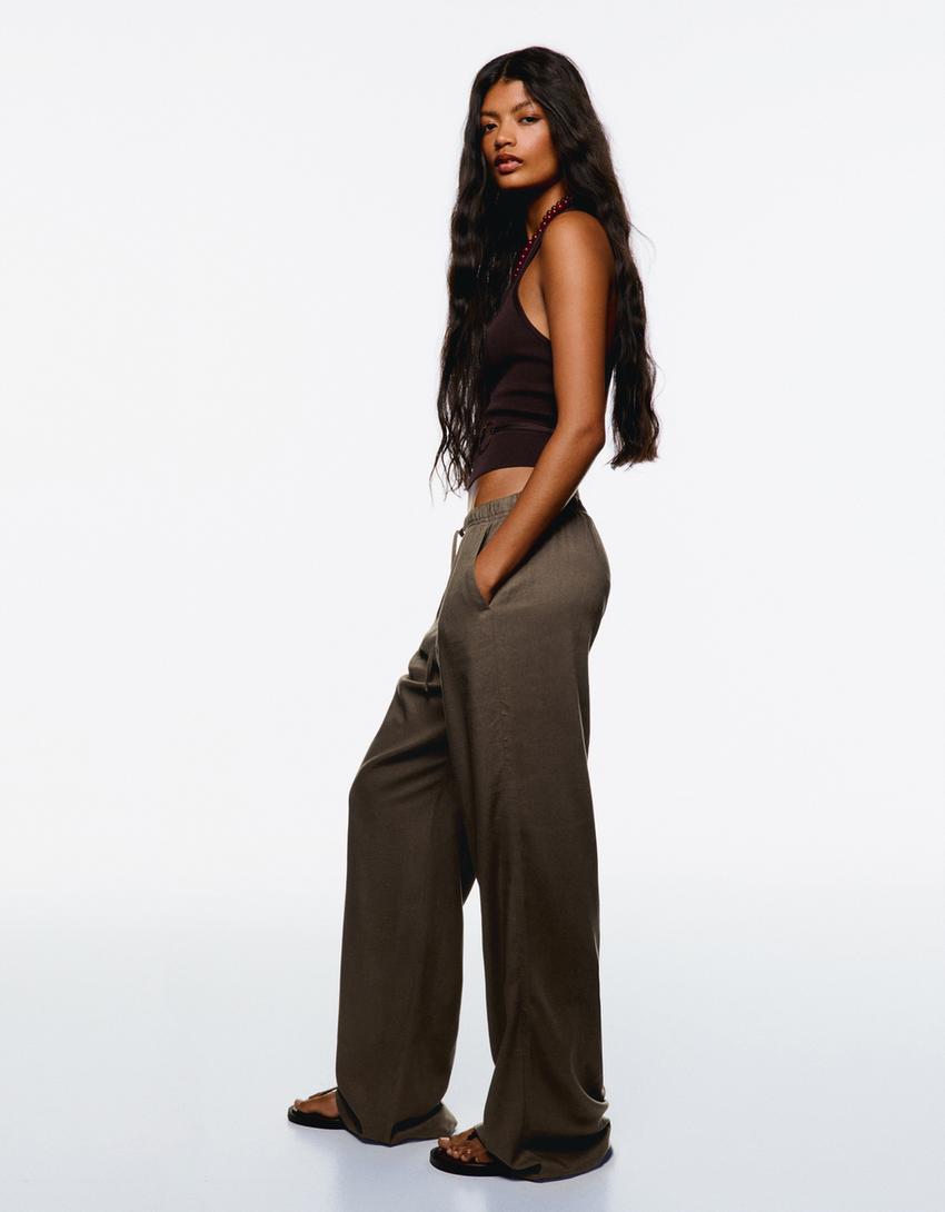 Linen blend trousers with an elasticated waistband-Sand