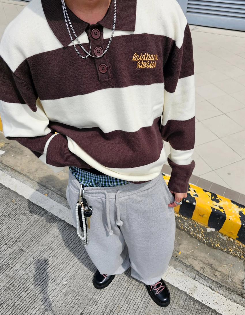Camisola gola de polo riscas-Marrom