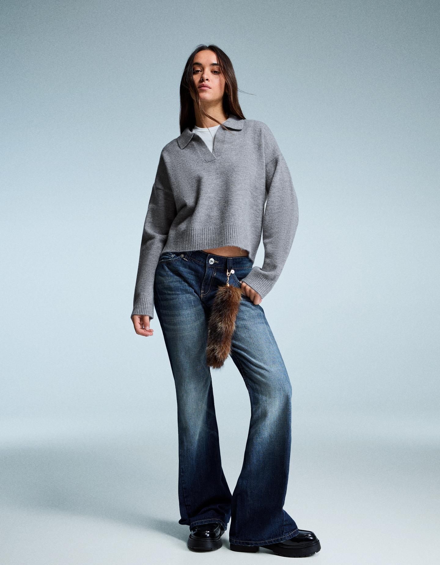 Bershka sweter z kołnierzykiem typu polo szary