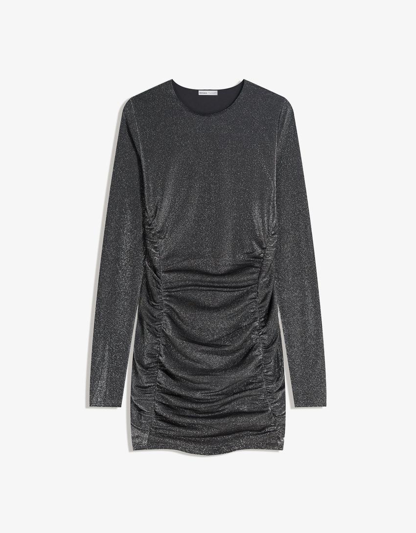 Shimmery ruched long sleeve mini dress-Silver