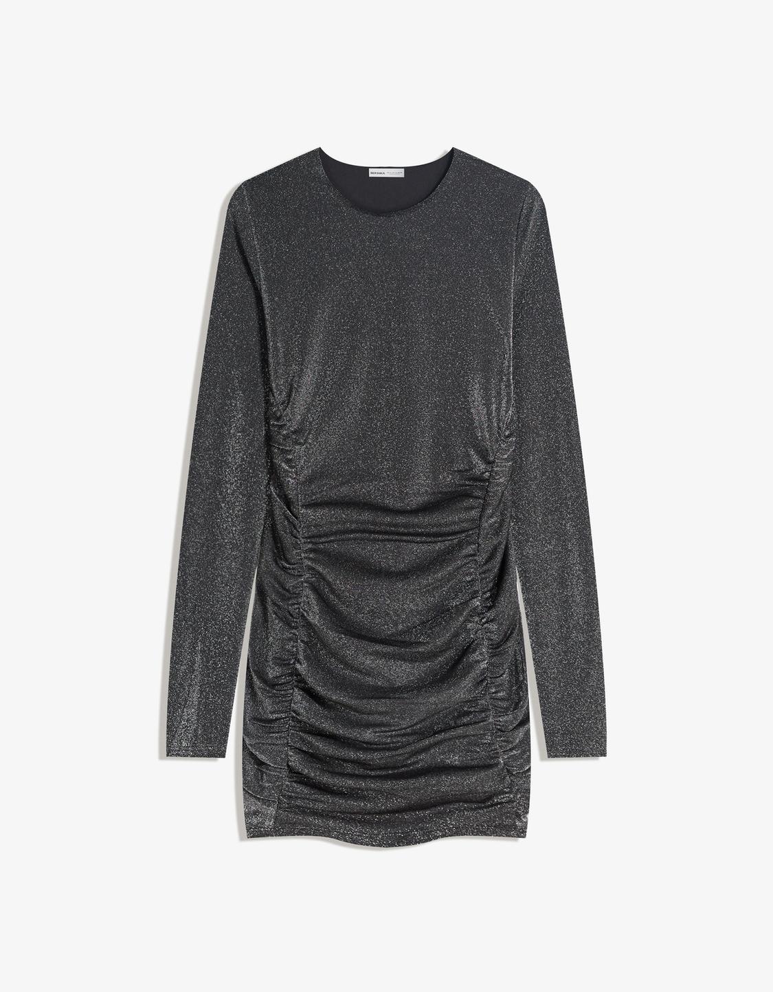 Vestido mini manga comprida franzido efeito brilho