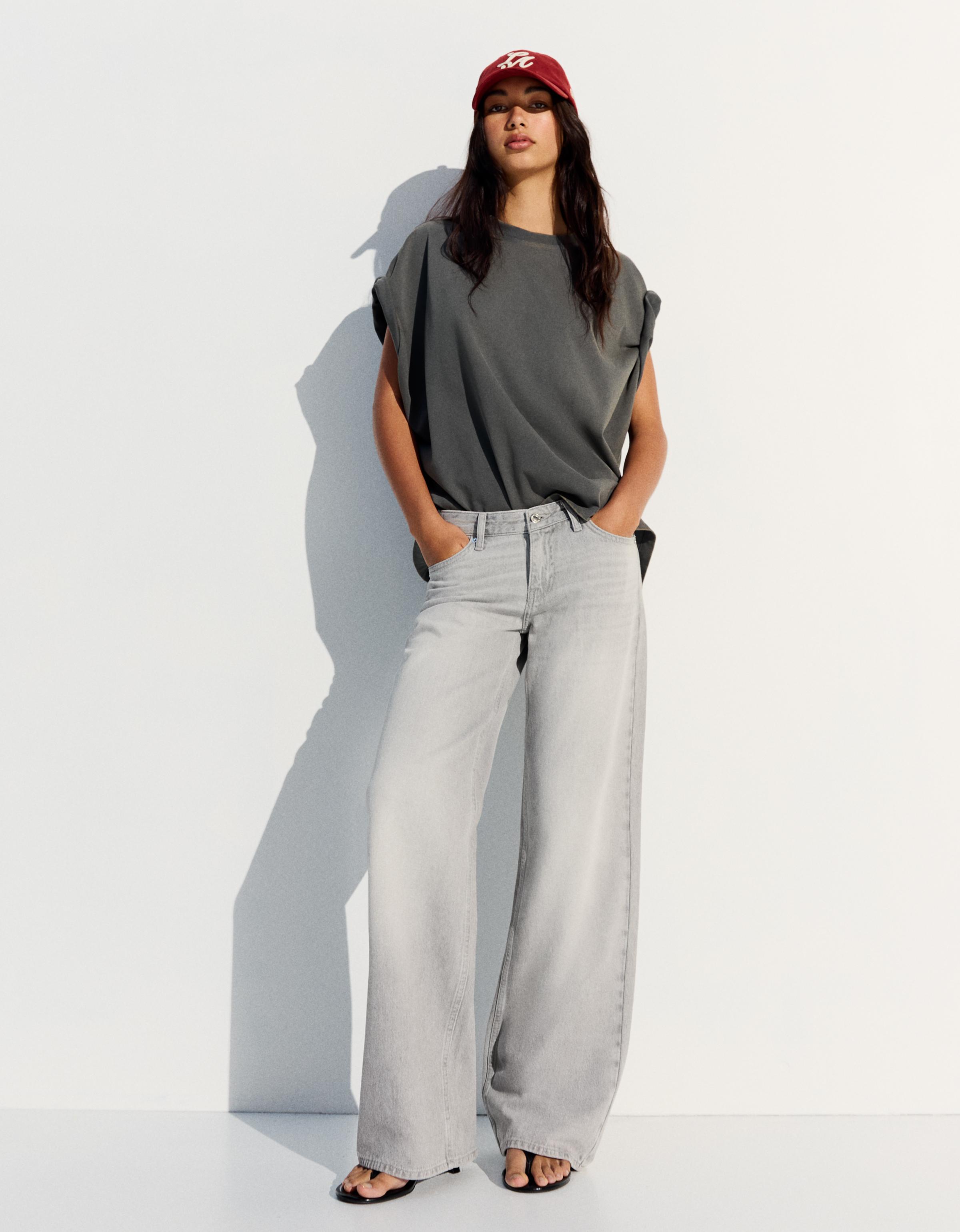 Bershka Jeans Straight Tiro Bajo Mujer Gris