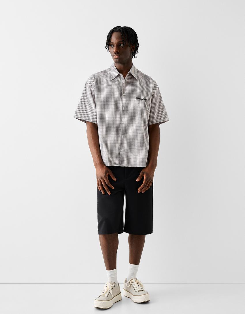 Chemise à manches courtes à carreaux-Gris-3