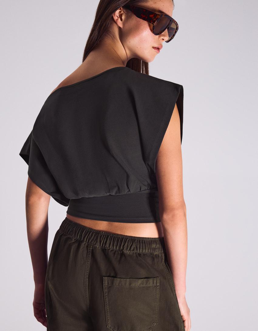 Short sleeve asymmetric print T-shirt-Dark grey