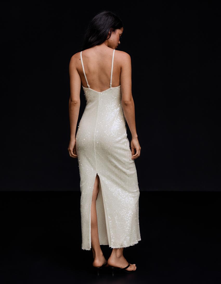 Strappy sequin midi dress-Cream